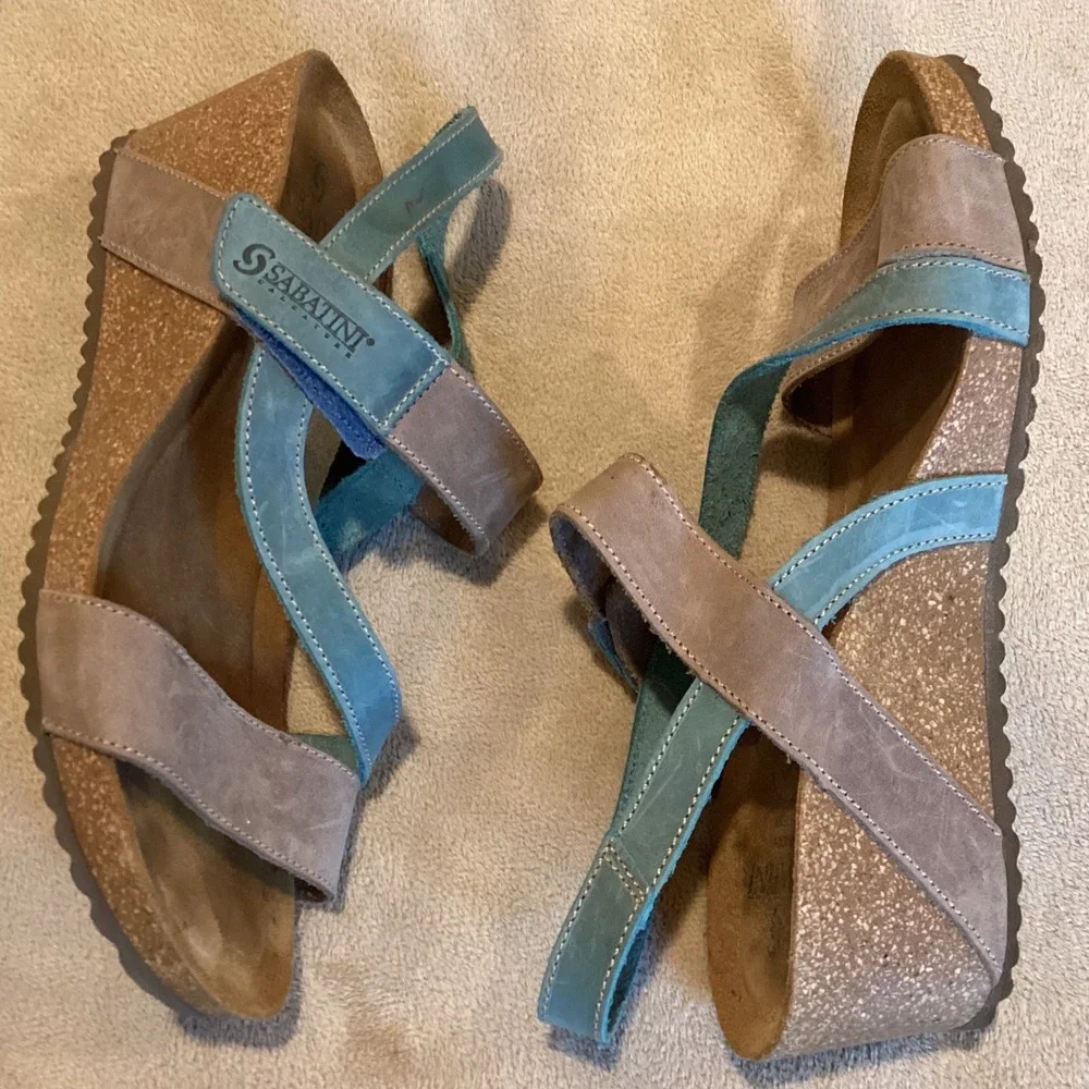 SABATINI Calzature Beige/Light Teal Leather Wedge Sandal, Women EU 39/US 8/UK 6
